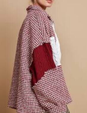 POL Pieced Houndstooth Contrast Cable Knit Shacket in Red White Size Medium